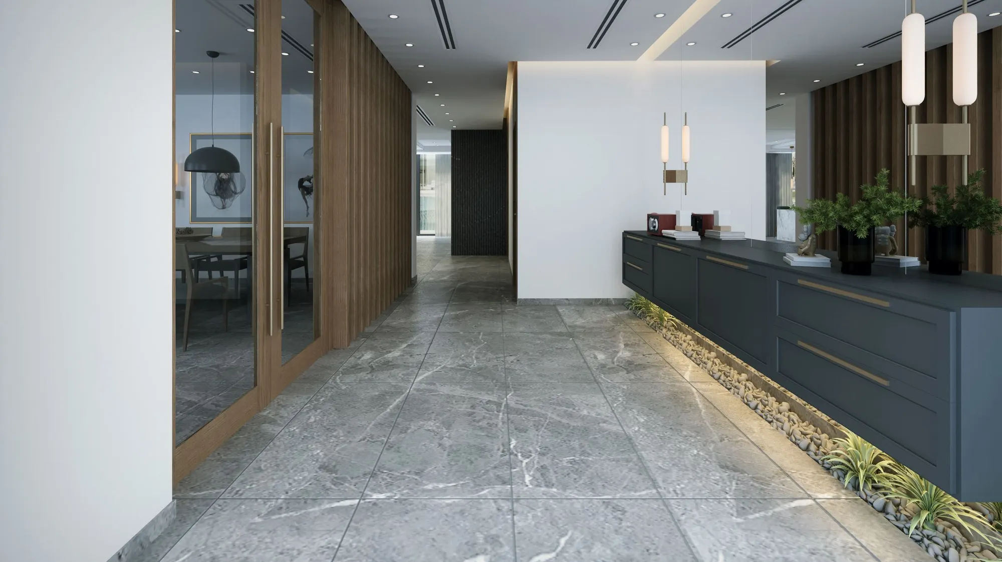 Stone-look floor tiles in an office foyer