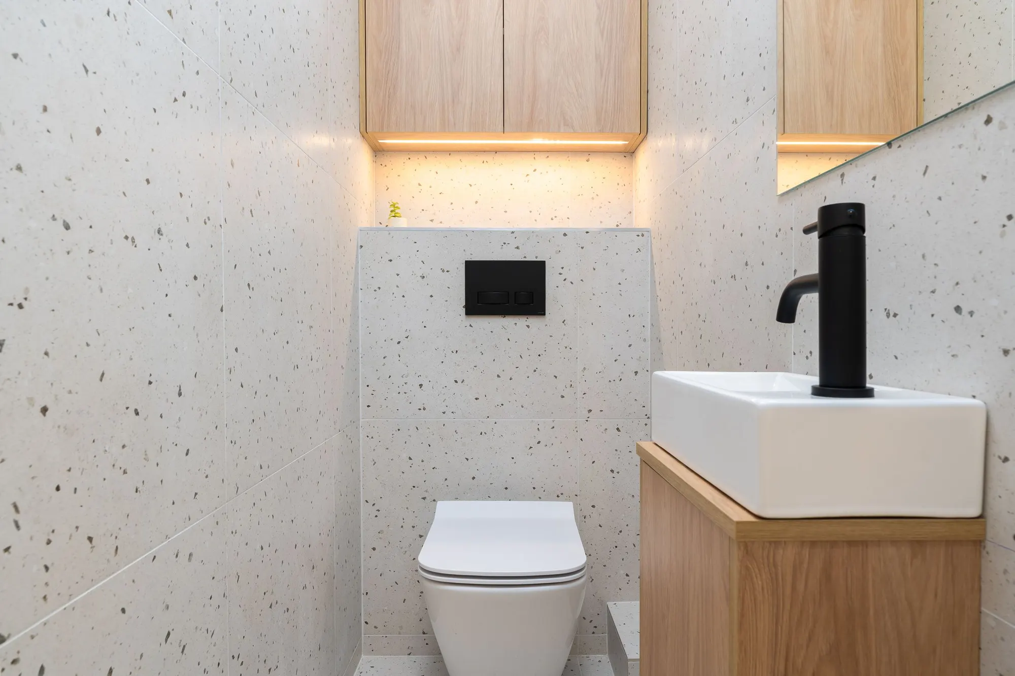 Terrazzo wall behind a wall-hung toilet